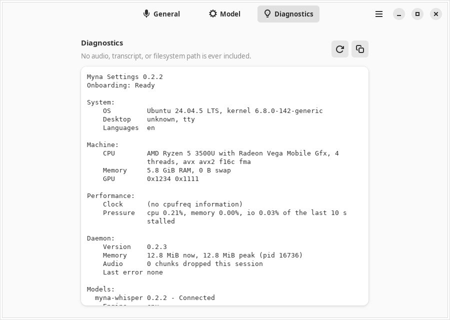 Myna Settings Diagnostics tab